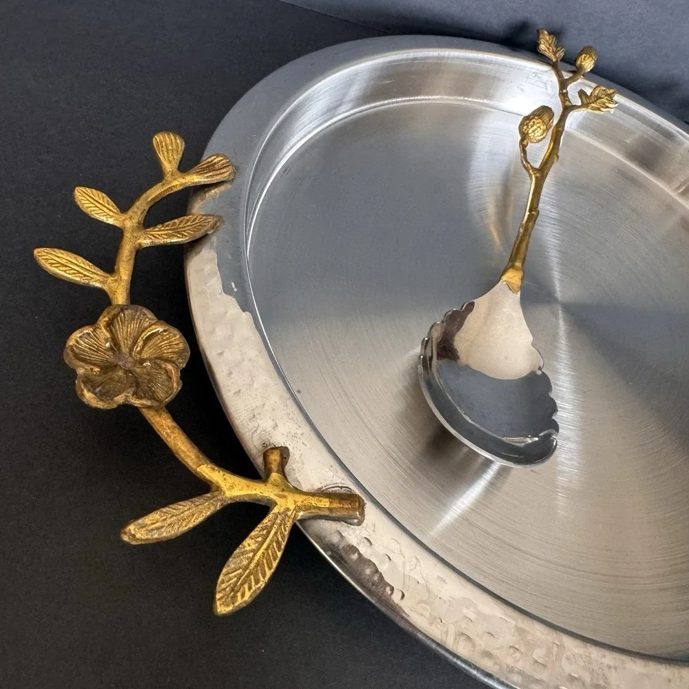 Stunning Hammered Stainless Steel Serving Tray & Serving Spoon ~ Brass Flowers